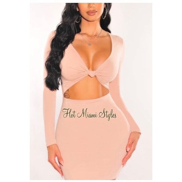 Hot Miami style NUDE V NECK KNOTTED CUT OUT LONG SLEEVE DRESS Size L - Picture 2 of 12
